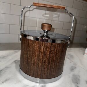 Vintage MCM Atapco Faux Wood Grain & Chrome Ice Bucket
